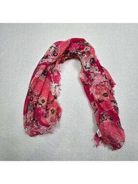 Chicos Boho Coastal Resort Scarf Floral Paisley Pink Lightweight Wrap Grandma